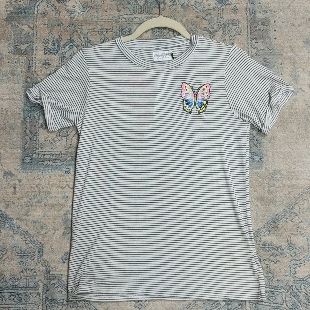 Lauren Moshi White and Black Striped Tee with Multicolor Butterfly Patch